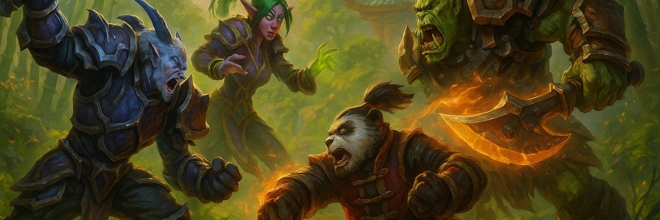 WoW Mists of Pandaria Classic PvP combat scene with characters battling in a lush Pandaria environment.