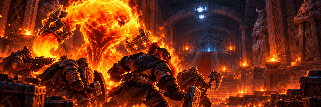 Fire Elemental and Dwarves in a Hallway Cover Image for Hall of Thanes Dungeon Guide for WoW Forever